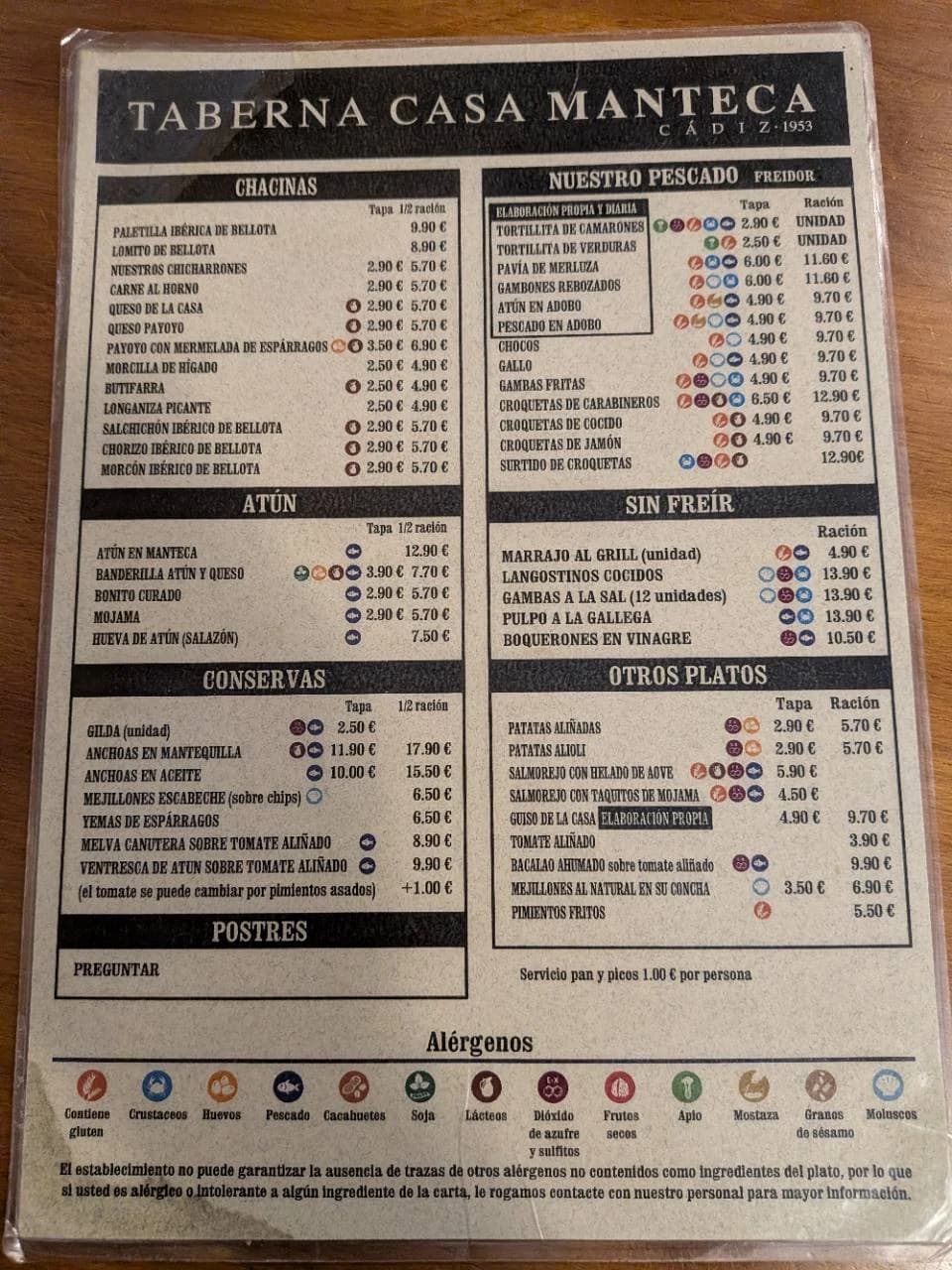 Carta original compartida por Arte Puro y Casa Manteca: comida, precios y alérgenos