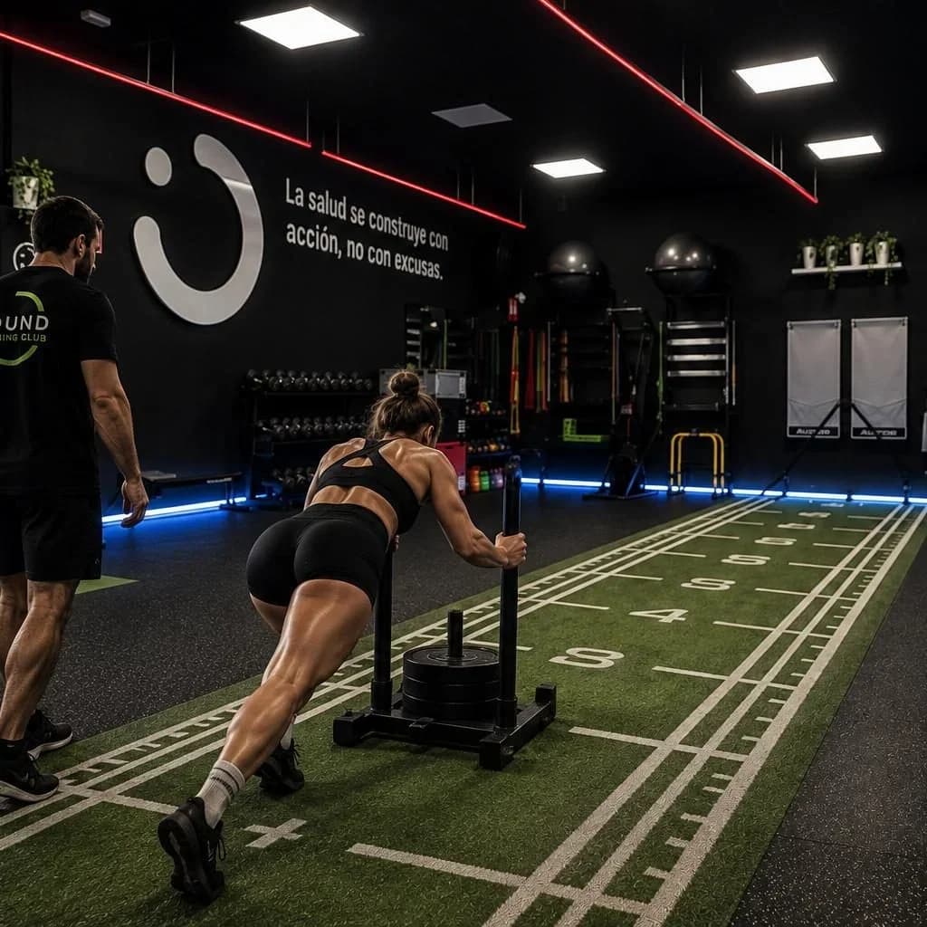Entrenamiento con trineo en la zona funcional de Round Training Club en Rota